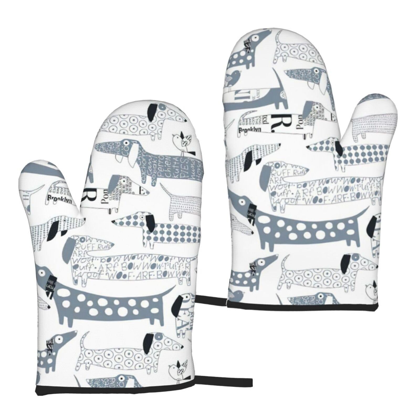Nimongt Women's Black Cute Dachshund Dog Print Adults Universal Fit Heat Resistant Oven Gloves Reusable Cooking Outdoor Grilling