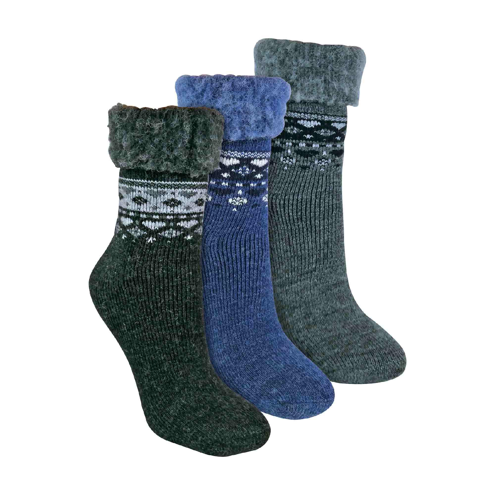 Sock Snob Women's Black / Charcoal / Denim 3 Pack Turnover Top Wool Bed Socks For Winter Warm Soft Fluffy Nordic Design Lounge Bed Socks For