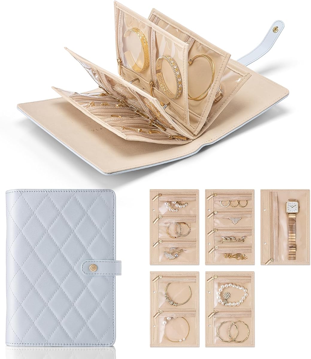 Estuche organizador de joyas de viaje, carpeta de libros de joyería con bolsa de terciopelo con cremallera transparente para artículos esenciales de viaje, anillos, collar, pendientes, pulseras, bolsas de joyería plegables - Azul