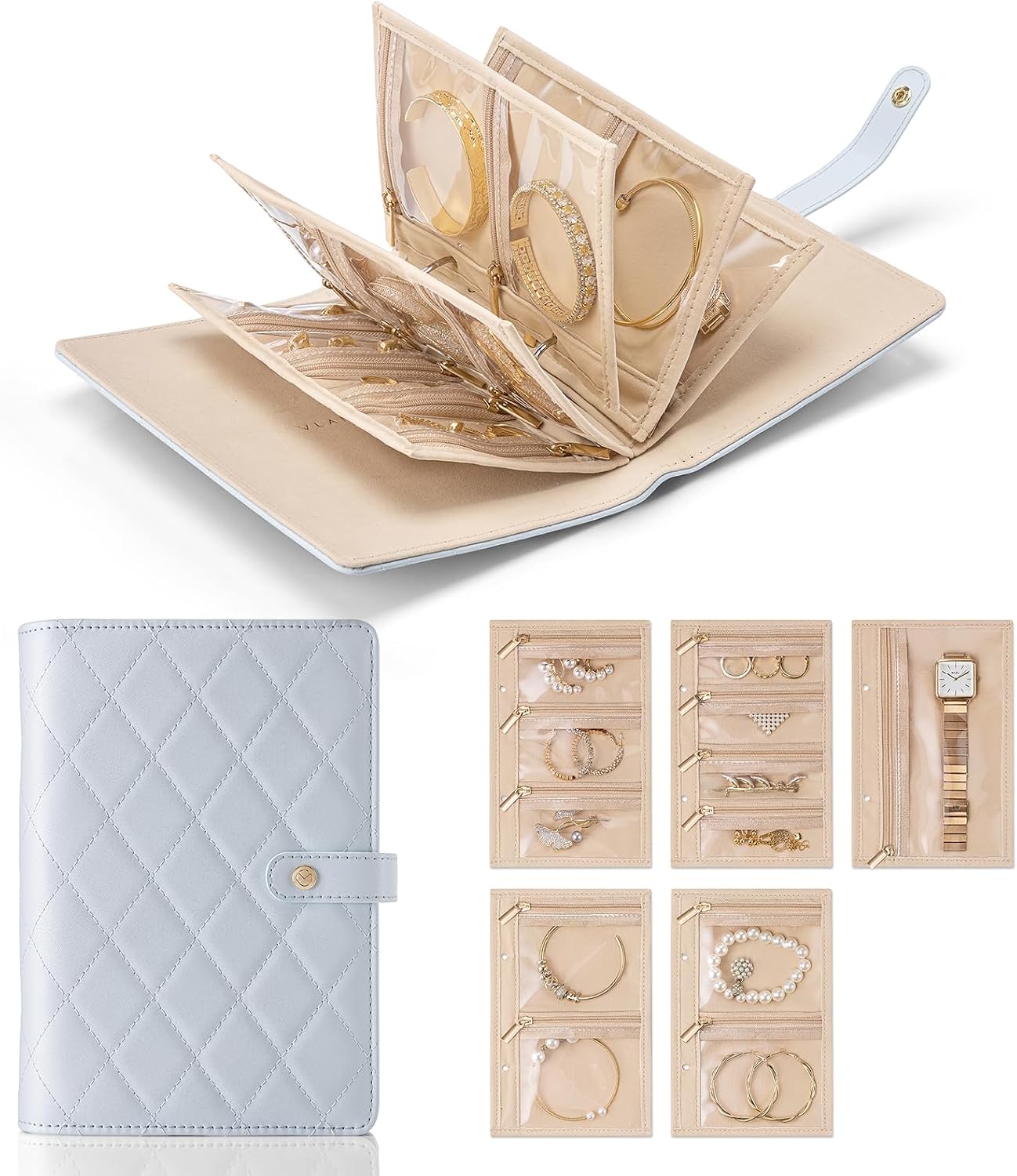 VLANDO Travel Jewelry Organizer Case, Jewelry Storage Book Ring Binder with Clear Zipper Velvet Pouch Bag for Travel Essentials, Rings, Necklace, Earrings, Bracelets, Foldable Jewelry Bags - Blue