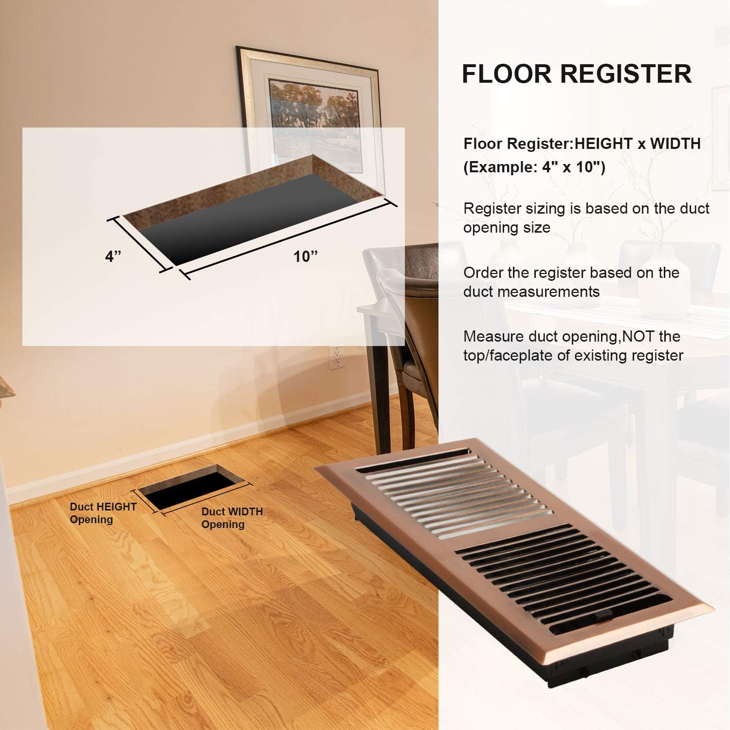 Akicon 4"x10" Floor Register with Trap Net, 4-Inch x 10-Inch Duct Opening Measurements, Copper Finishing
