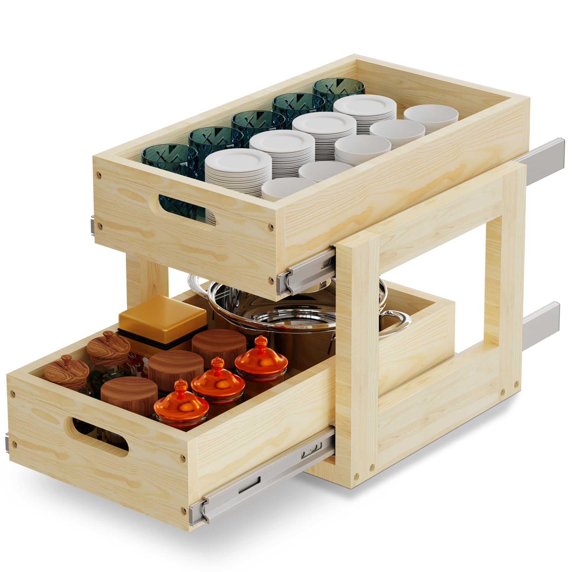 Gornoxblif 2 Pack Pull Out Cabinet Organizer, 14''W×21''D×16''H Heavy-Duty Under Sink Organizer with Soft-Close Slides, Wood Drawer Shelves Storage for Kitchen, Pantry, Bathroom, Under Sink