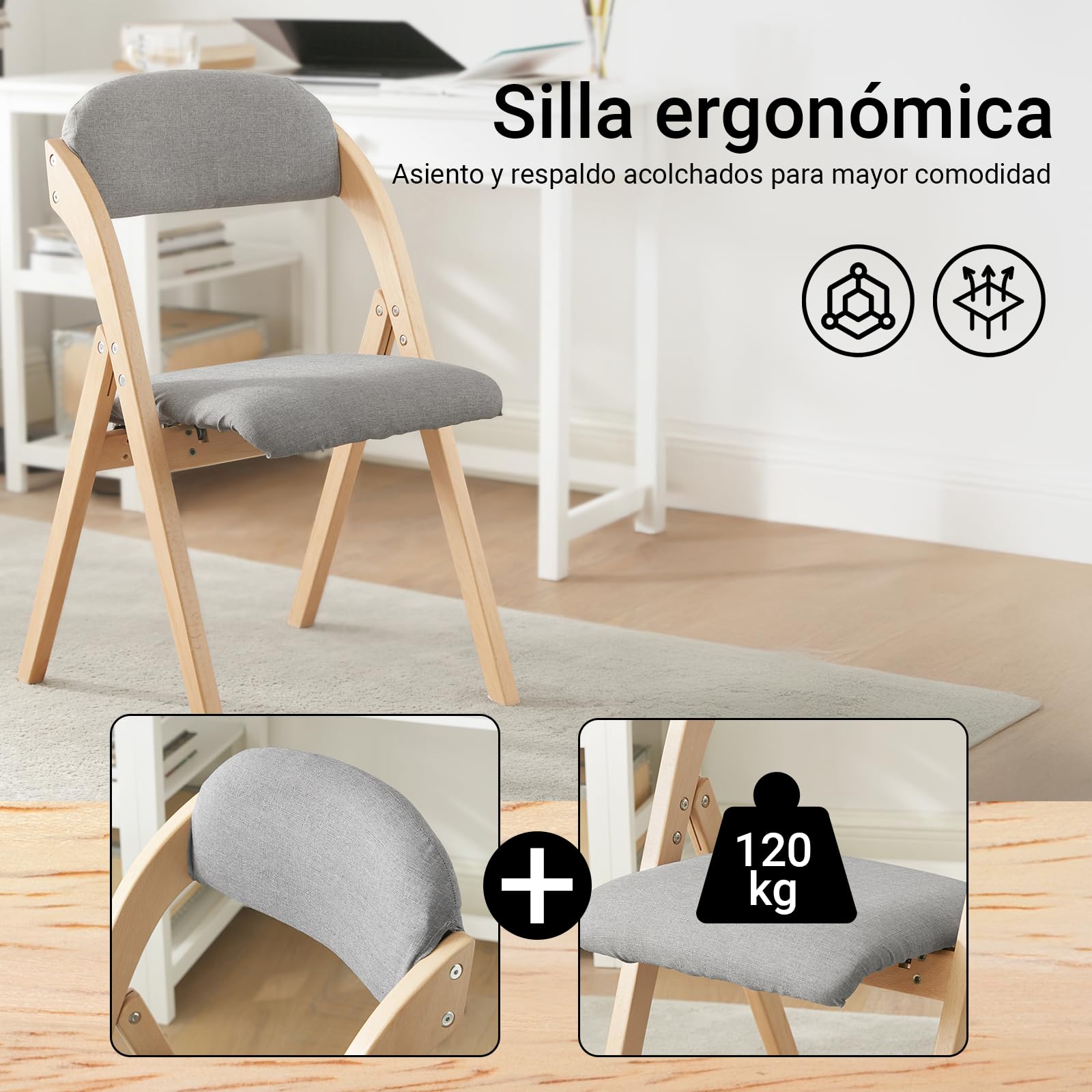 SoBuy Silla Plegable de Madera Pack de 2, Acolchada & montada, 47,5x77x59cm | Silla Plegable Interior ergonómica & plegable, funda extraíble & lavable, carga 120 kg, cocina & comedor & balcón, FST92-Nx2