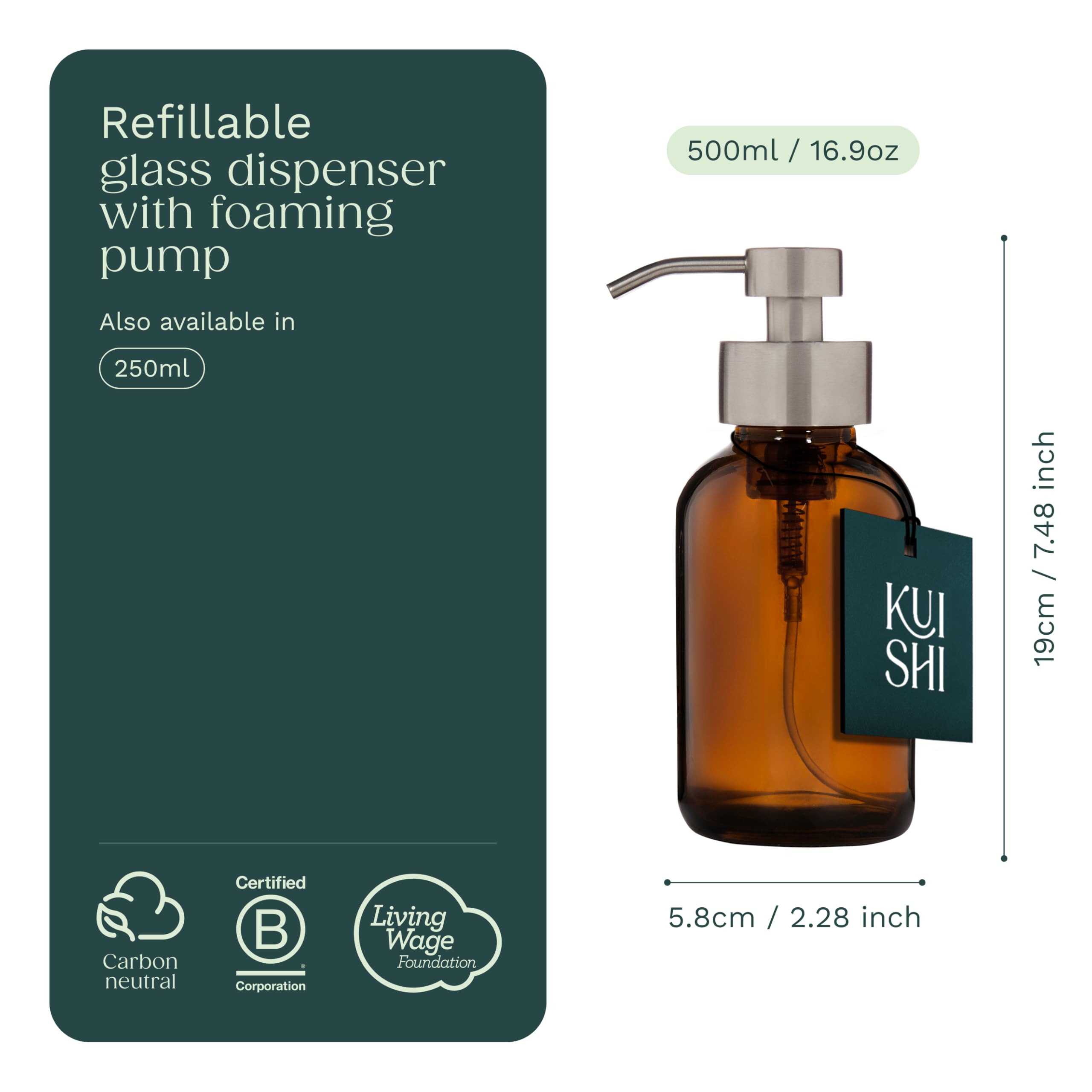 Déco Salle De Bain écolo Distributeur De Savon En Verre Gris Mat Kuishi 300 Ml - Pompe Acier Inoxydable, Rechargeable, Sans BPA Bouteille Rechargeable Verre Recyclé