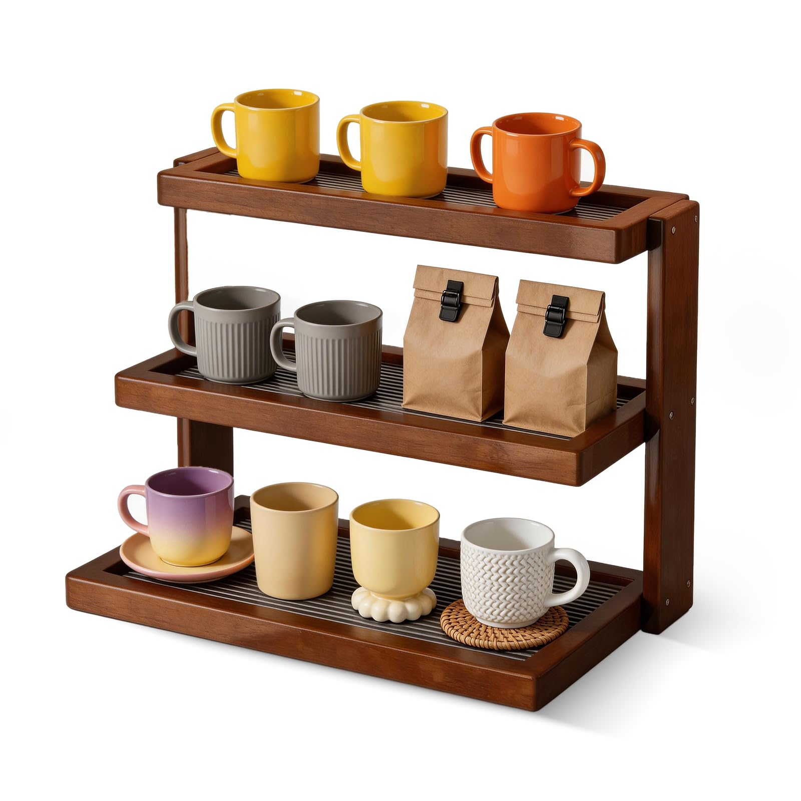 OFXCEN 3 Tier Coffee Station Organizer, Kitchen Counter Shelf Wooden Brown Coffee Bar Shelves Bamboo Counter Shelf Display Countertop Organiser with Acrylic Sheet for Kitchen Home Office