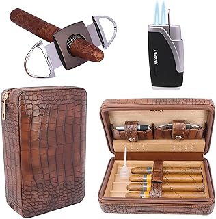 AMANCY Premium Brown Leather Travel Cigar Case,Luxury Portable Cigar Humidor W/Quality Cigar Cutter Lighter Set