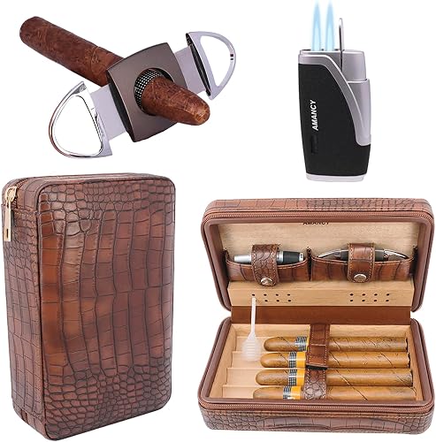 AMANCY Premium Brown Leather Travel Cigar Case