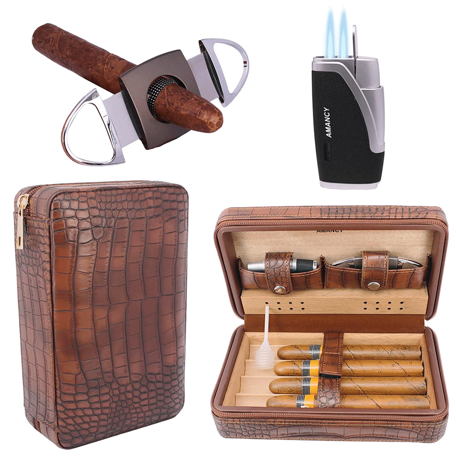 AMANCY Premium Brown Leather Travel Cigar Case,Luxury Portable Cigar Humidor W/Quality Cigar Cutter Lighter Set