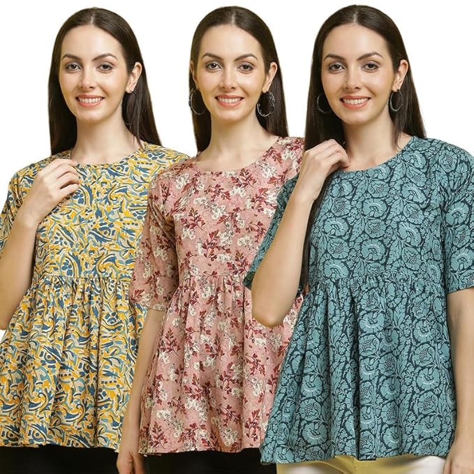 Pinkmint Women Combo Tunic Top for Women ll Fancy Crape Girls Top's ll Regular Fit Casual top (Pack of 3)