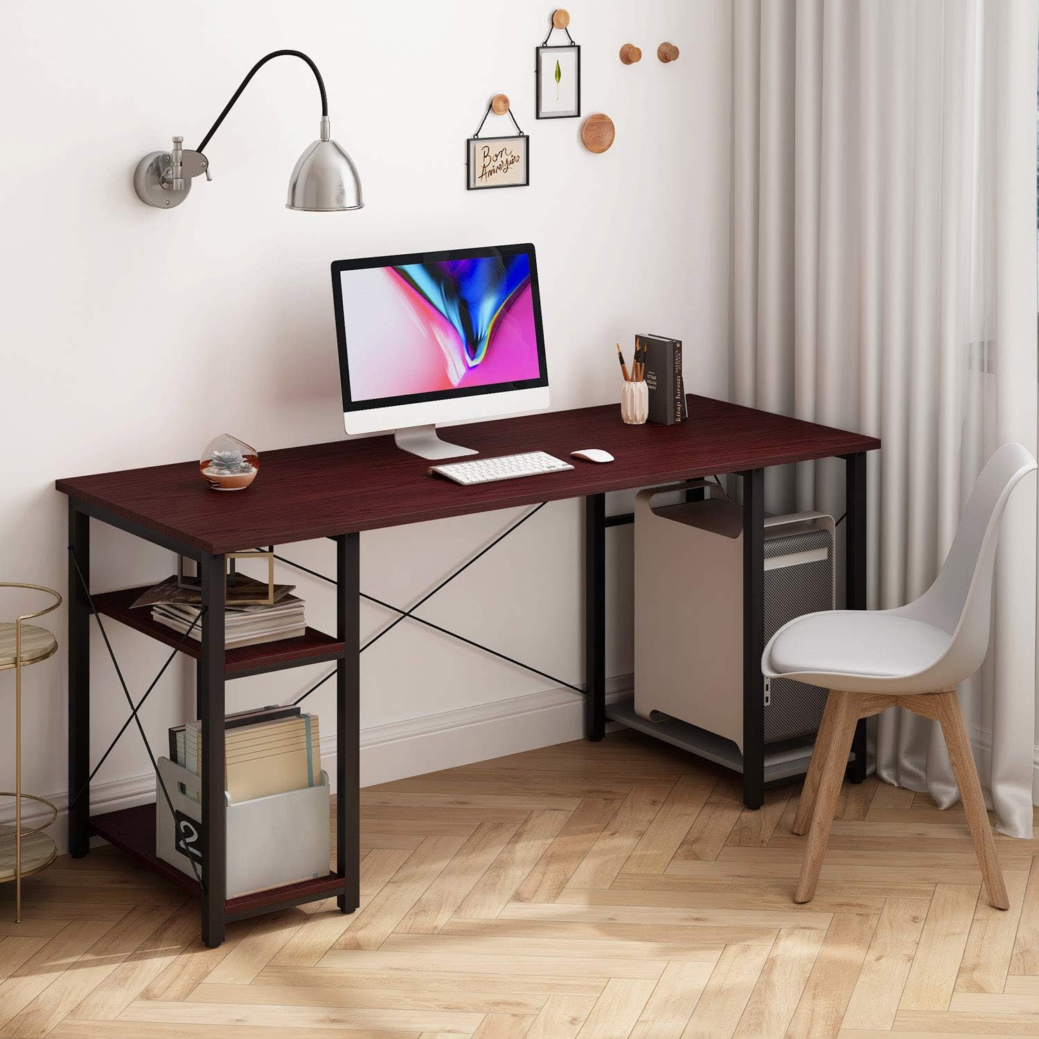 Computer Desk with Shelves,60" Modern Sturdy Writing Desk for Home Office,Office Desk with 3 Storage Shelves,African Walnut