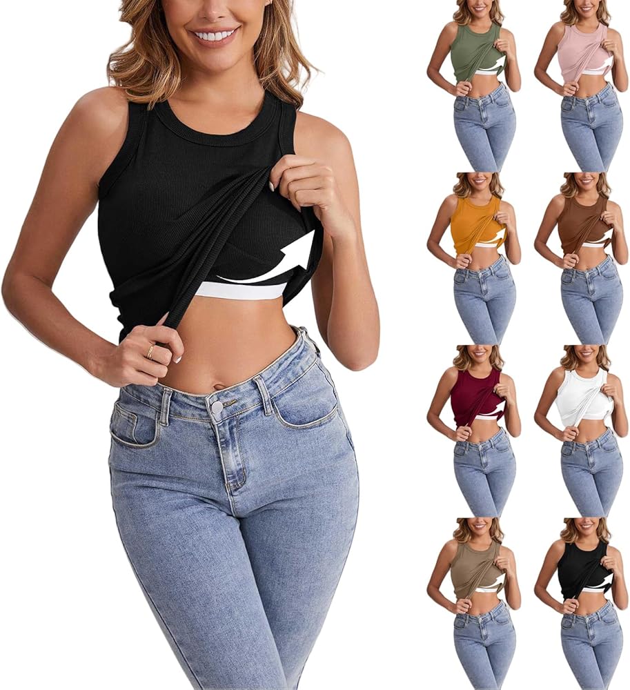 2 Pack(Noir 1PCS & Kaki 1PCS) Débardeurs Multipack Pour Femmes Avec Soutiens -Gorge Intégrés 2025 Été Décontracté Col Rond Sans Manches Camisole Grande Taille Hauts D'Entraînement Rembourrés