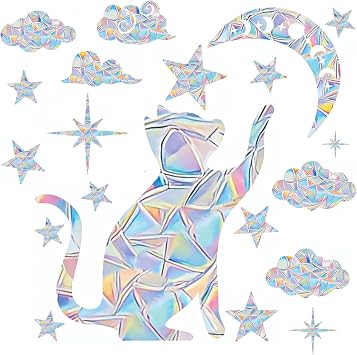 21pcs Star Moon Cat Sun Catcher Window Clings for Glass Windows, Anti-Collision Stickers Decals Prevent Bird Strikes,Rainbow Prismatic Window Clings Non Adhesive