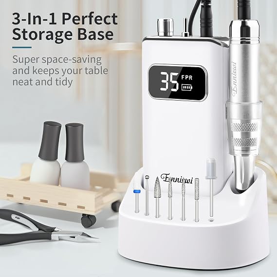 Electric Nail Drill File, Professional Portable Nails Drills Kit with Rechargeable Base 7 unas Bits, Cordless Efile for Poly Gel Acrylic Nails Remover Home Salon Pedicure Manicure Tool, White
