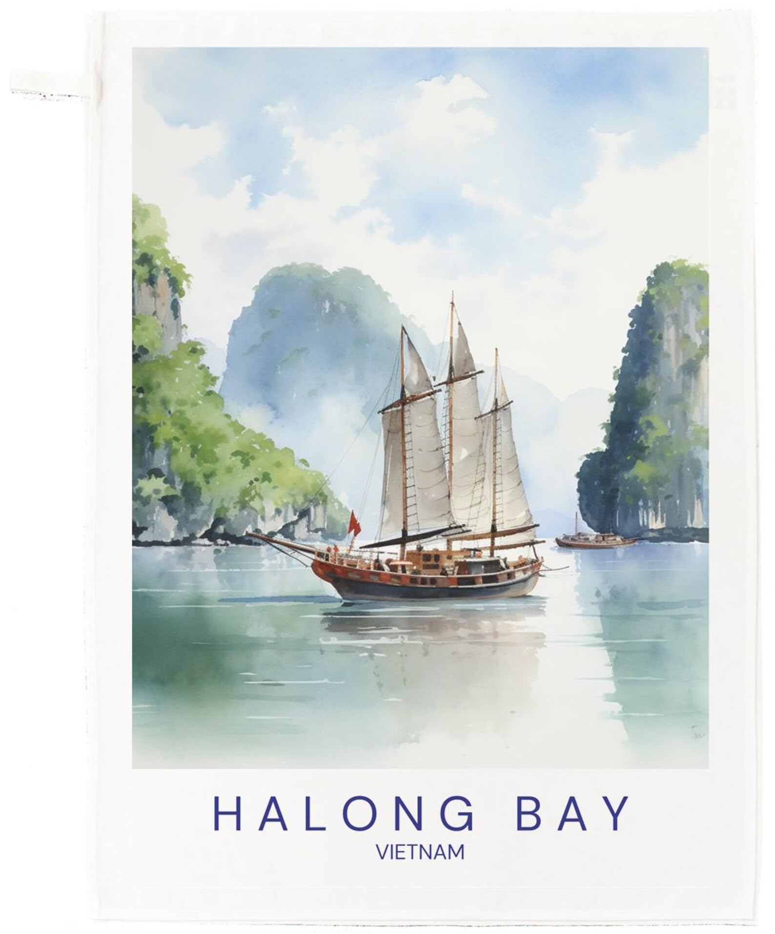Half A Donkey White Sailing Boat Halong Bay, Vietnam Large Cotton Tea Towel