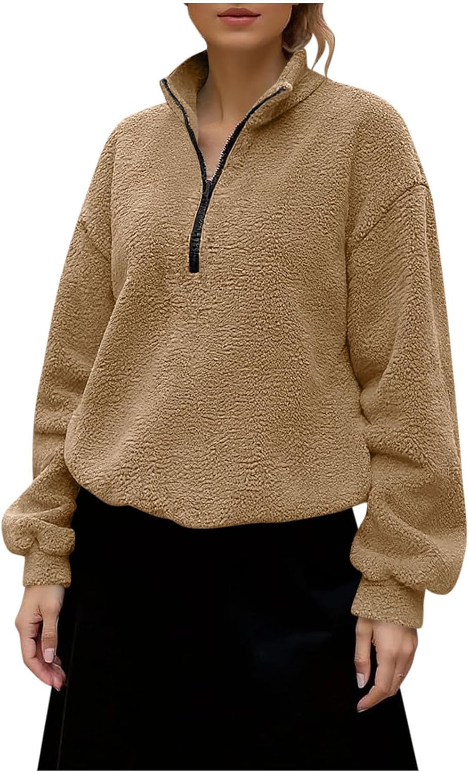Women's Sherpa Fleece Pullover Quarter Zip Long Sleeve Fluffy Soft Sweaters Jacket Plus Size Winter Coats