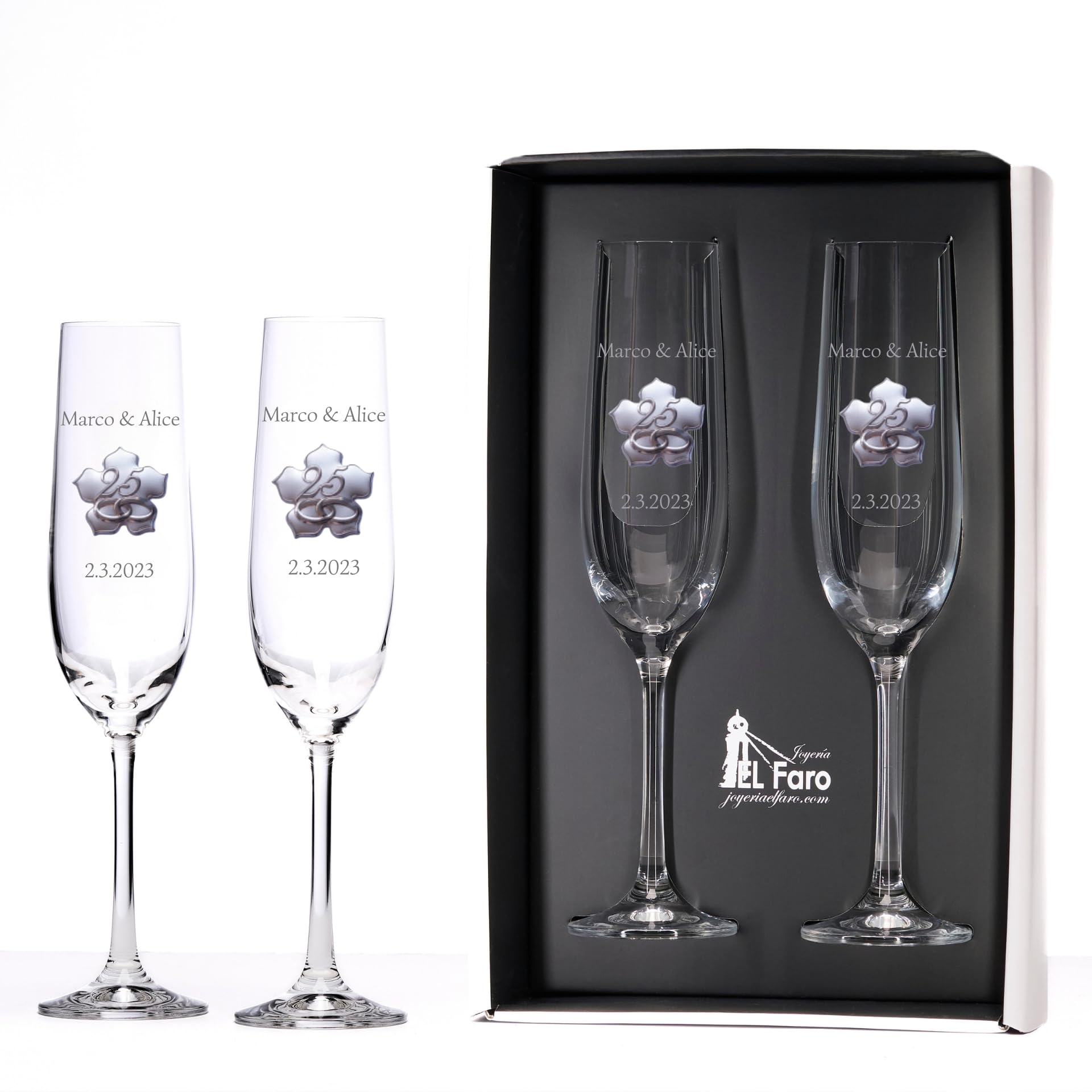 JOYERIA EL FARO Bicchieri da champagne personalizzati per matrimonio in argento – Set di 2 bicchieri con dettaglio argento – astuccio premium per gioielli – regalo 25° anniversario di sposato