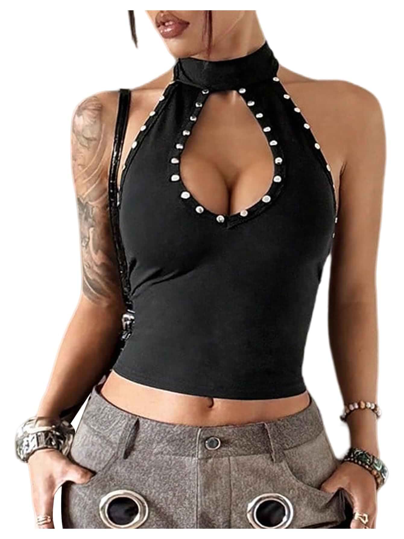 SweatyRocks Women's Halter Top Sexy Rivet Cut Out Crop Backless Fitted Rave Party Tops Sleeveless · Fitted