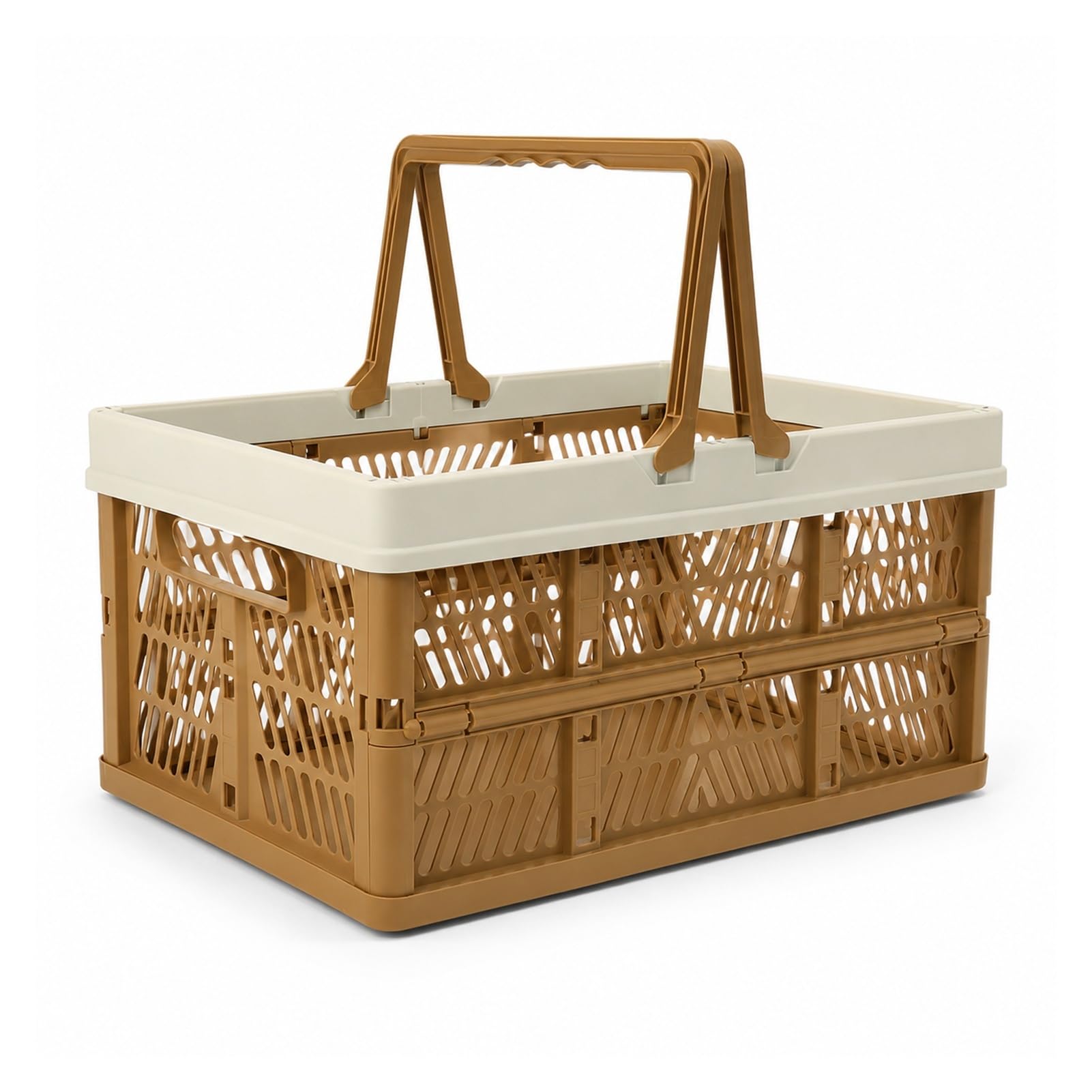 Space-Saving Collapsible Crate, Plastic Foldable Crates with Dual Grips & Open-Air Mesh, Thick Tough PP Foldable Basket, Multipurpose Folding Storage Box for Picnic(Brown)