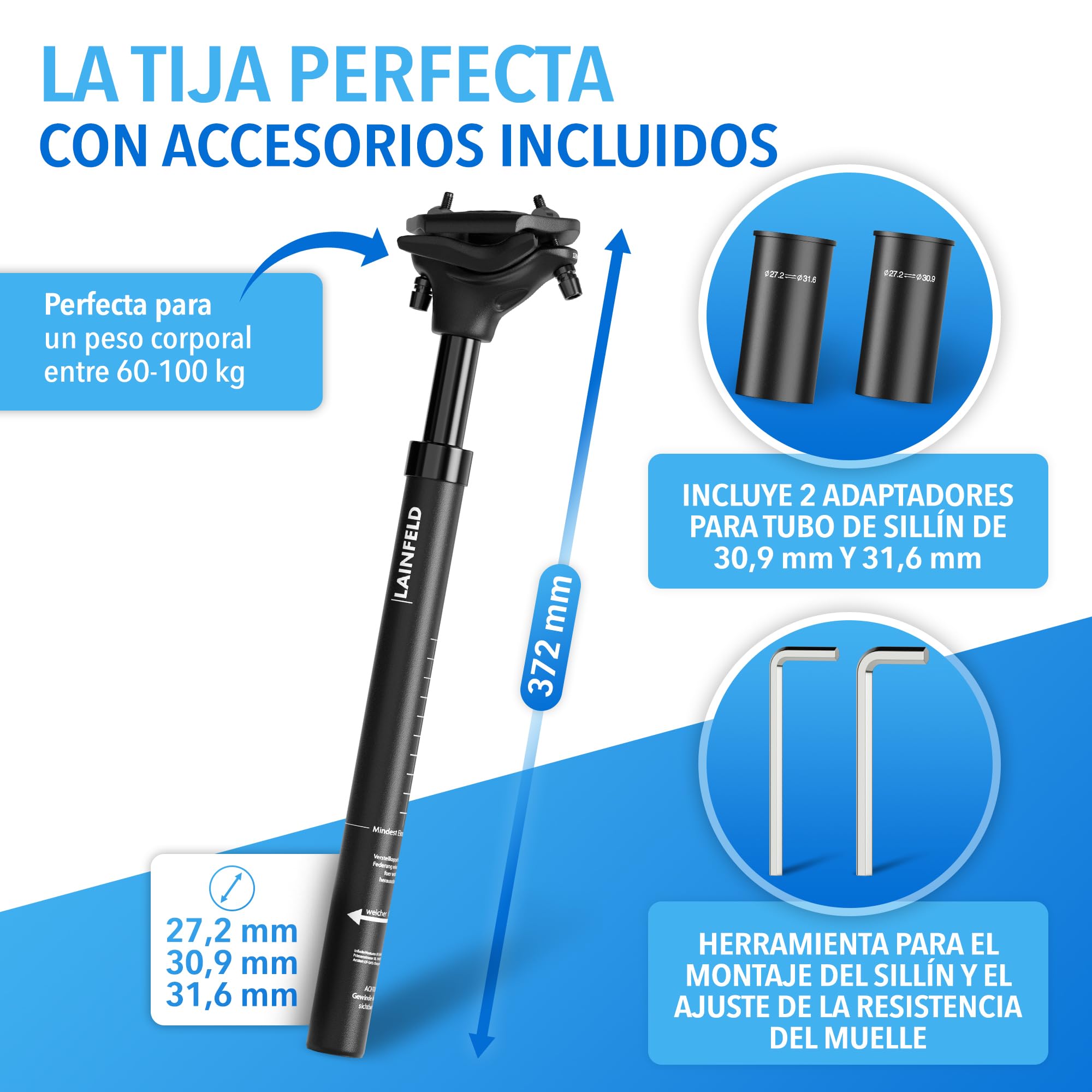 Tija de sillín con suspensión LAINFELD | Ajustable para MTB y E-Bike | Compatible con 27,2 mm, 30,9 mm y 31,6 mm | Incluye Herramientas | Ideal para Hombre y Mujer Ciclistas.