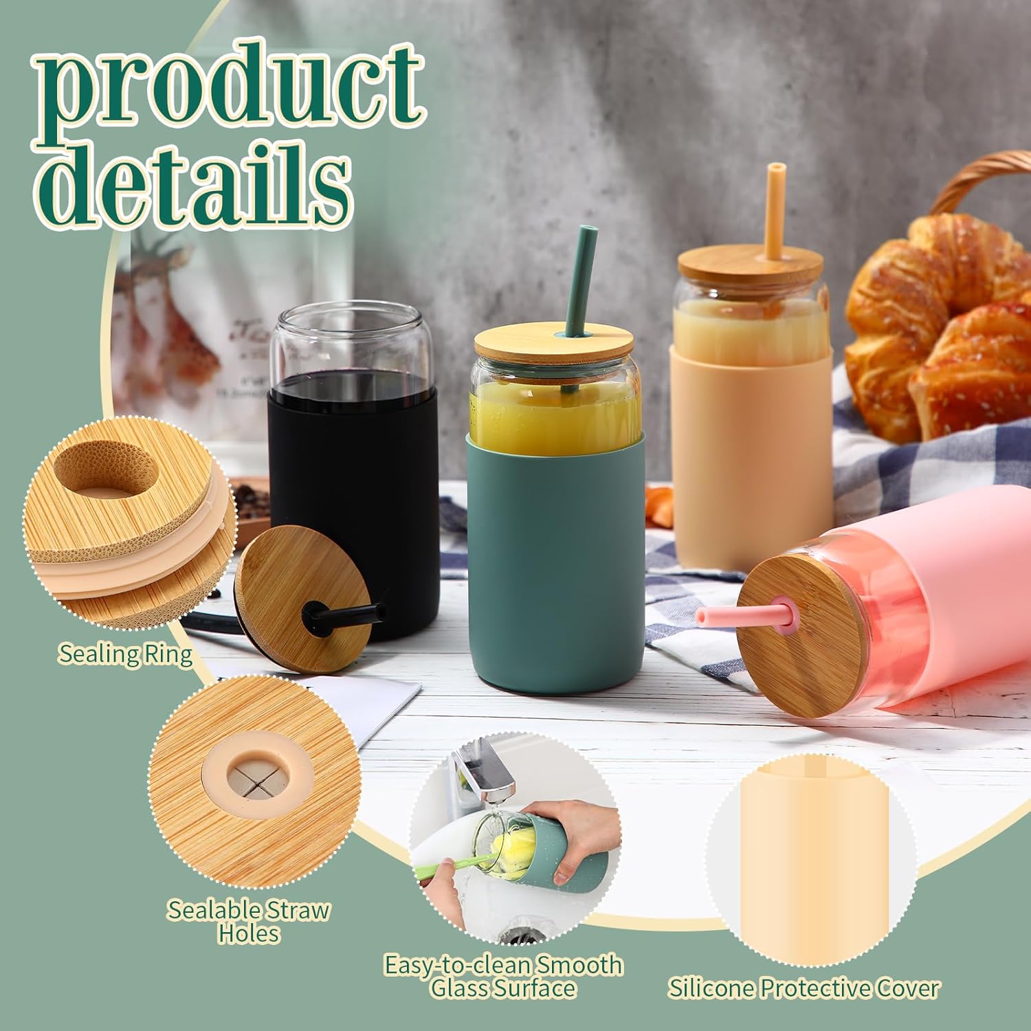 4 Pack 16 oz Glass Tumbler with Silicone Sleeve Iced Coffee Cups with Lids Straw Can Shaped Water Bottle for Valentines Spring Home Outdoor (Blue, Amber, Black, Pink) - Image 3