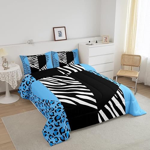 Miniatura 2 de Manfei Juego de edredón de leopardo azul, tamaño individual, juego de ropa de cama con estampado de corazón romántico de 2 piezas para niños y