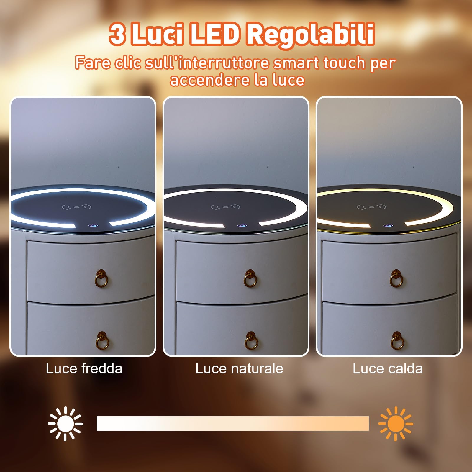 LEMROE Comodino rotondo con luce LED regolabile e stazione di ricarica wireless in vetro, Comodino intelligente con 3 cassetti, Tavolino da camera da letto (1, Bianco)