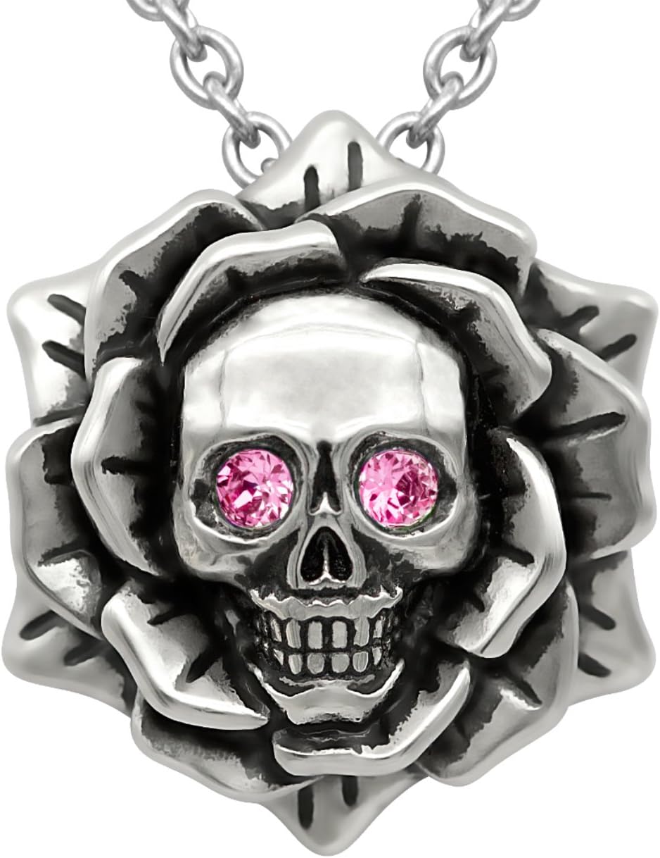 Skull Rose Birthstone Necklace With Crystal 17" - 19" Adjustable Chain