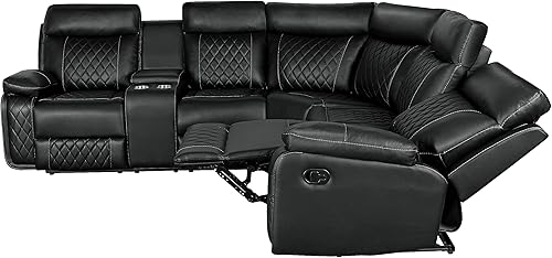 Miniatura 8 de Juego de sofá seccional simétrico de PU, moderno, almacenamiento oculto, sofá esquinero reclinable manual con consola central y portavasos para sala