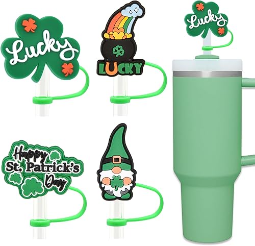 St Patricks - Funda de paja de gnomos de Amreich para Stanley, cubierta de paja verde de 0.394 pulgadas, fundas de paja de silicona Stanley,