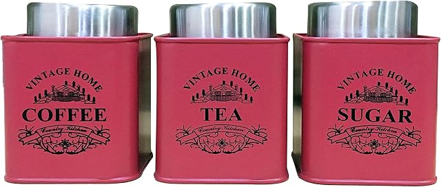 Nobel Set of 3 Tea Coffee Sugar Canisters - Vintage Home (Red)