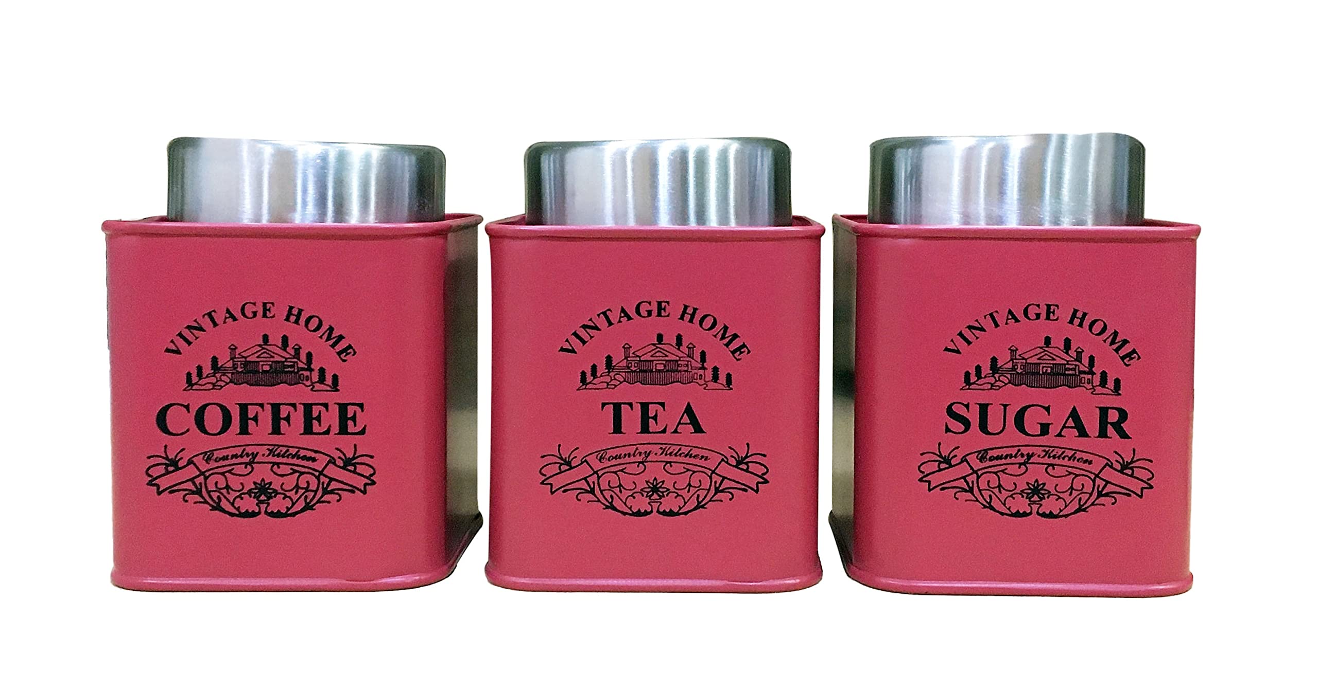 Nobel Red Set Of 3 Tea Coffee Sugar Canisters - Vintage Home (Red)