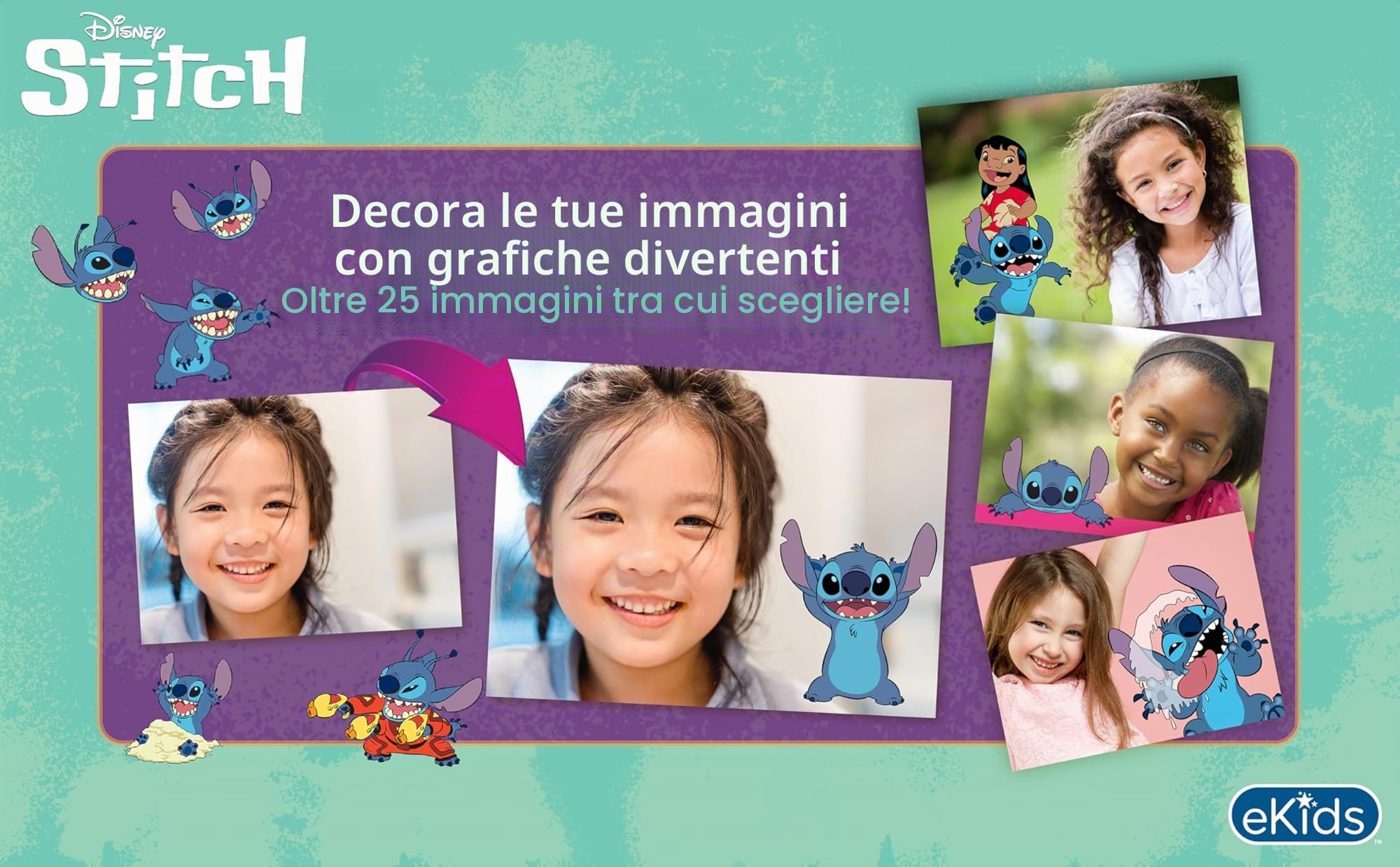 eKids Disney Stitch - Fotocamera digitale da 2 MP, schermo da 2 pollici, scheda SD da 512 MB, 5 giochi inclusi, colore: Blu