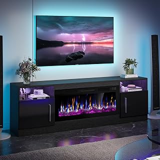 VITESSE 70" Electric Fireplace TV Stand for 80" TVs, 36" Heater, LED Lights, Modern Black Entertainment Center with Storage