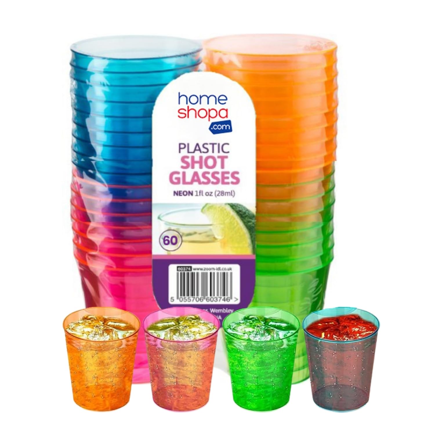 HOMESHOPA 60 Pk Neon Plastic Shot Glasses 28ml, 1oz Reusable Colourful Rainbow Vodka Shot Cups, Perfect Tumblers for Drinking Games, Sample Tasting, Wedding, Camping, Travel, Birthday Party & Events