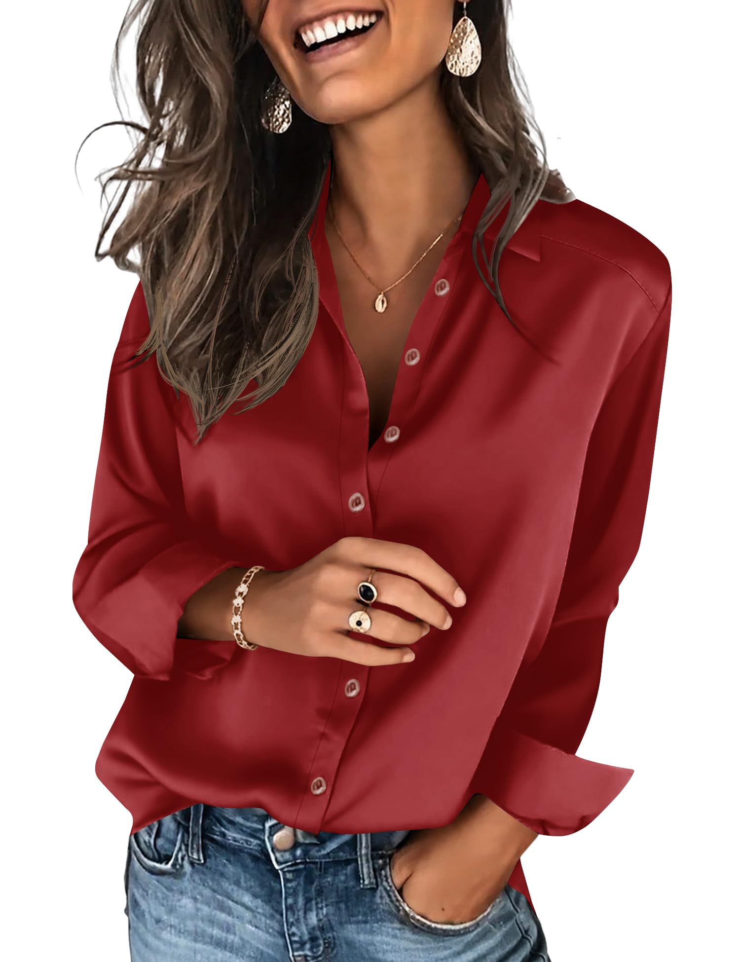 Rapbin Damen Satin Bluse V-Ausschnitt Langarm Einfarbig Button Down Shirts | Causal Oberteile Basic Shirt Business Button-Down Lose Elegant Hemden mit Knöpfen