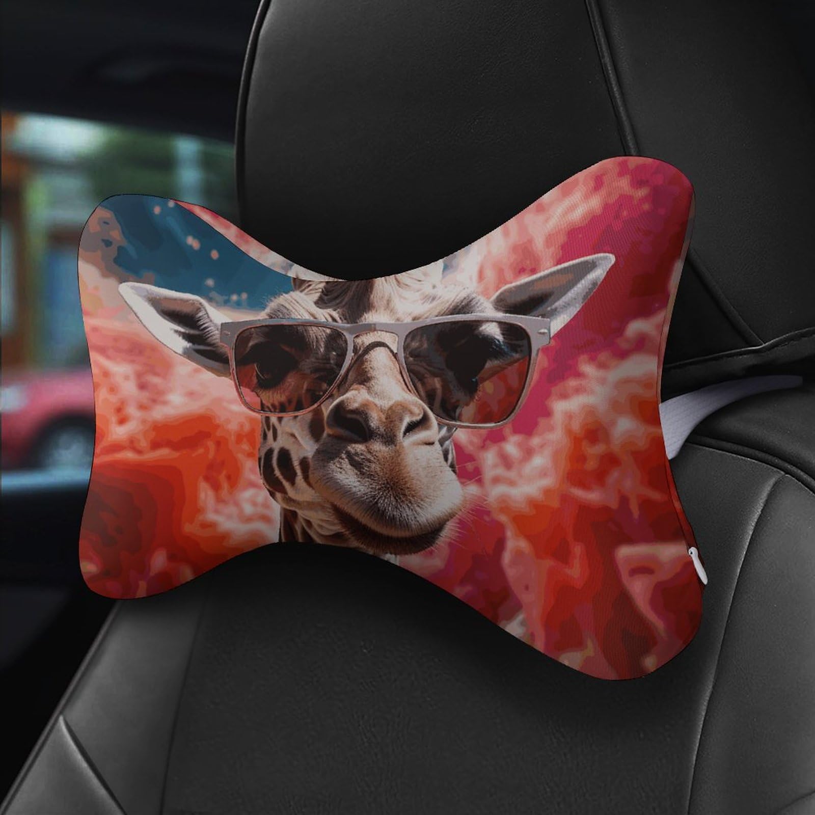 Lot de 2 coussins de nuque de voiture ultra confortables et doux pour appuie-tête de voiture Motif girafe portant des lunettes de soleil Coussin repose-tête universel respirant amovible pour conduite,