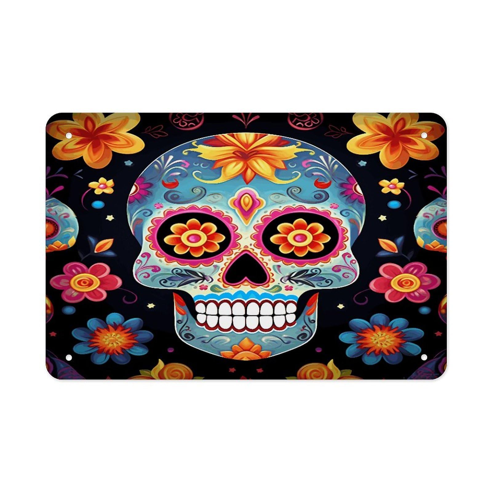 Sugar Skulls Metal Tin Sign 12"x8" Wall Art Prints Poster Decorative Picture Metal Signboard Decor Painting Folded Edge Iron Sheet Painting with Holes for Wall Decor