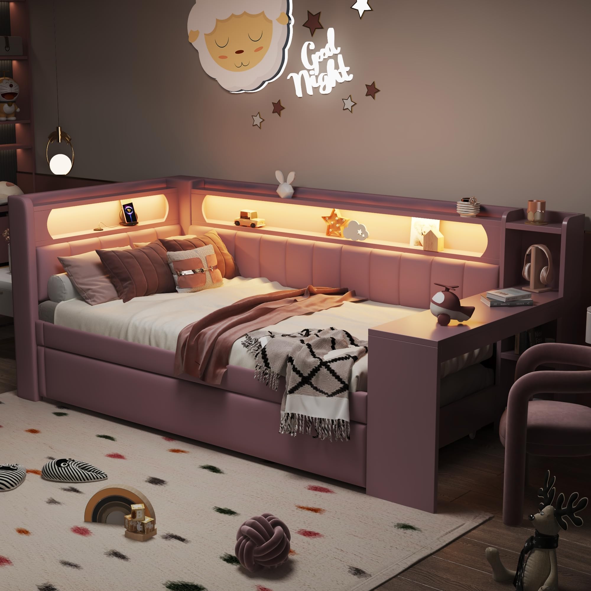 Merax Kinderbett 90x200 cm Einzelbett mit gepolstertem Kopfteil, LED-Ablagefach, Multifunktionsbett mit Schreibtisch, USB-Steckdose und Ausziehbett, Holzbett mit Lattenrost (Ohne Matratze), Rosa