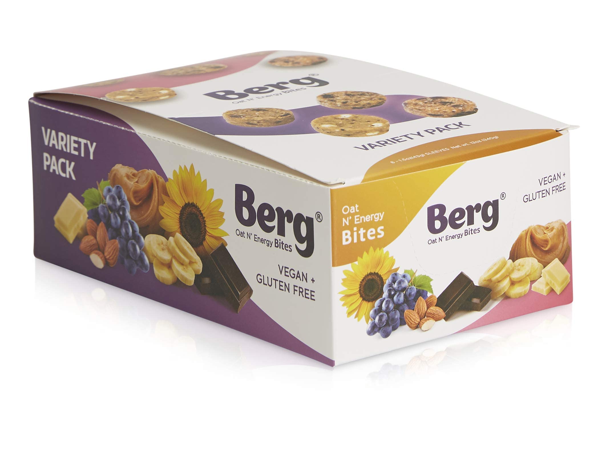 Berg Energy Bites Variety Pack – Plant-Based Protein Snack with 16g Protein & 1g Sugar – Vegan, Gluten-Free, Low Sugar, High Fiber, Non-GMO, Prebiotic Superfood Bites – 1.5oz (8 Pack)