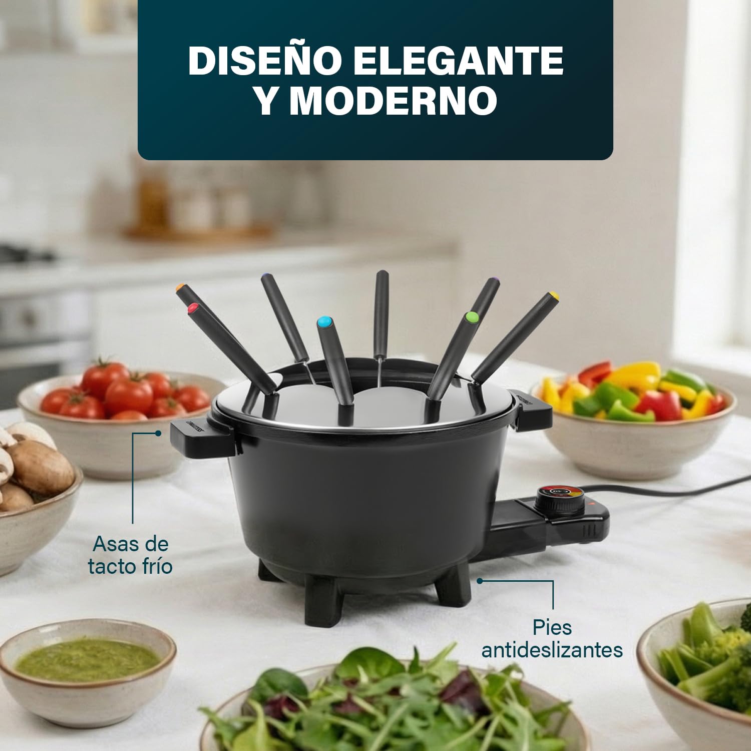 Princess Set de Fondue Negro, Capacidad 1,5L, Termostato Ajustable, Recubrimiento Cerámico, 8 Tenedores Inox, Asas Frías, 800W, Base Antideslizante, 01.173110.01.001