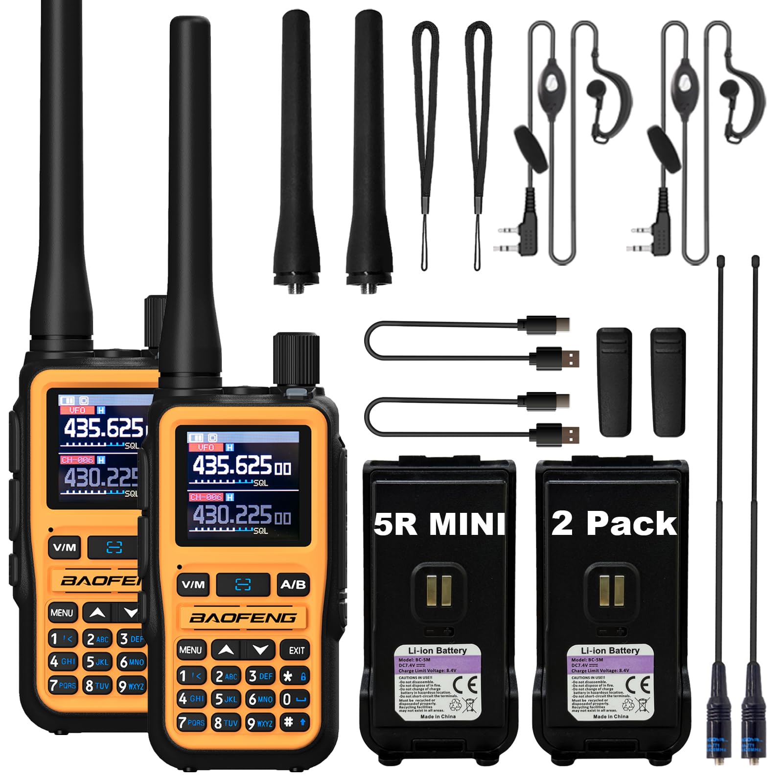 BAOFENG UV-5R Mini Two Way Radio BF-5R Mini Walkie Talkie Wireless Power Adjustable Tiny Size Frequency Copy 999 Channels Type-C Four Colors Portable Ham with 771 Antenna and Headset（2 Pack） (Orange)