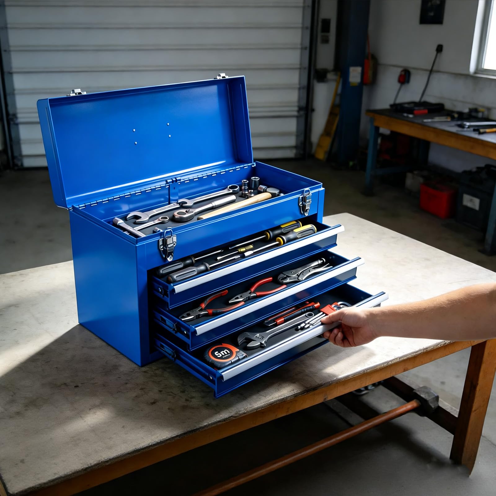 BIG RED ANTBD133-XU - Caja de herramientas de metal portátil de 3 cajones de 20 pulgadas con guías de rodamiento de bolas y 2 cierres de metal para garaje, hogar o banco de trabajo, azul, ANTBD133-XU