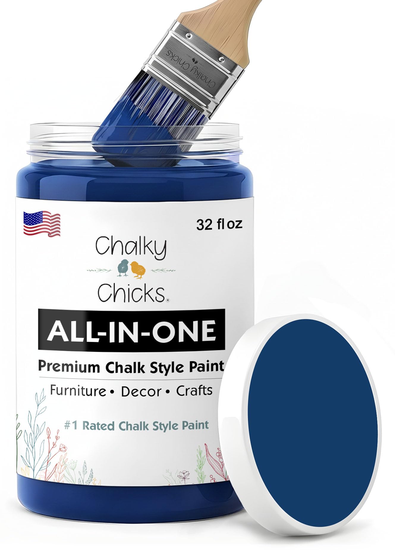 Chalky Chicks All-in-One Chalk Paint for Furniture or Cabinet - 32 Fl Oz - Matte Finish DC Blue Navy Blue for Metal, Wood Furniture Paint - No Sanding All-in-One for Home Decor & Crafts, USA Made