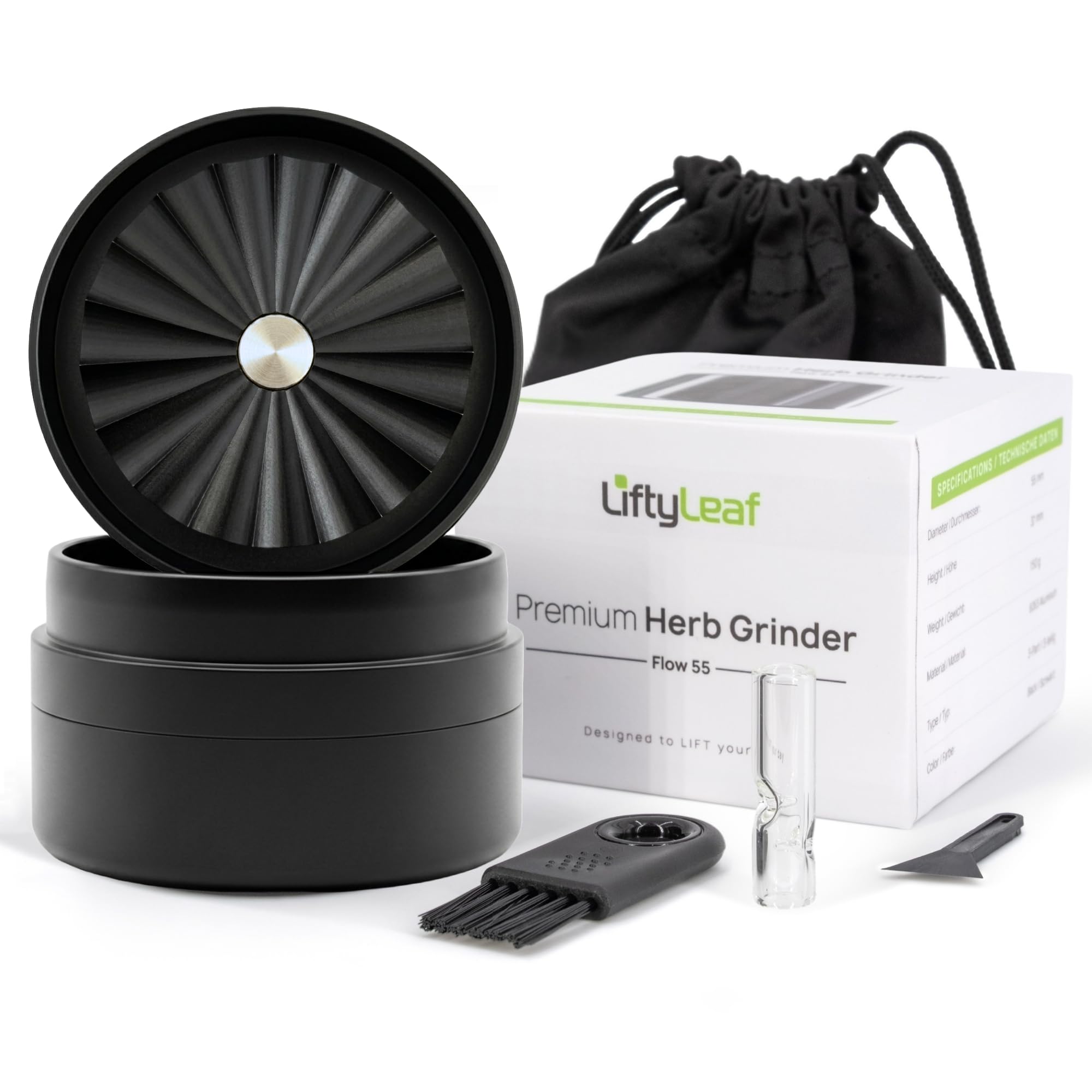 Flow 55 Kräutermühle 55 mm – Premium Grinder Set 3-teilig aus Aluminium, Zahnloses Design ohne Verstopfen, Metall Grinder mit Magnetverschluss, Kompakt Schwarz