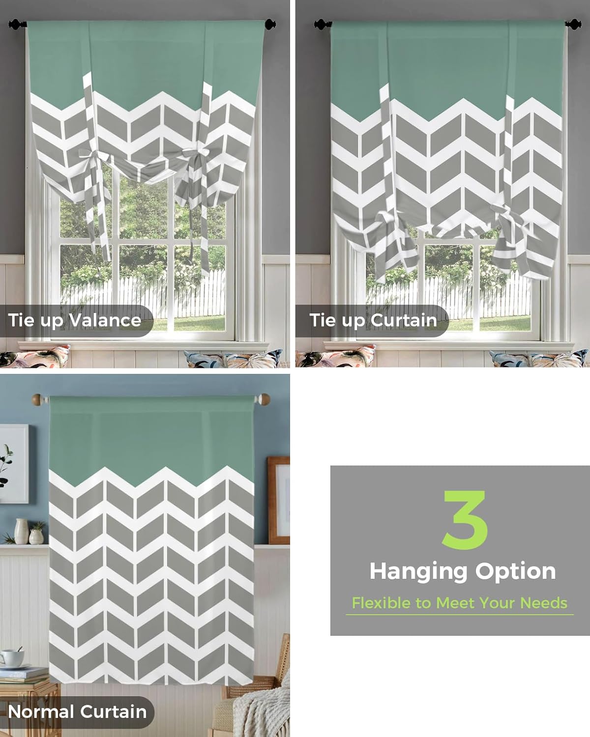 Vintage Tie Up Window Shade Curtain Modern Chevron Striped Kitchen Adjustable Balloon Curtains Shades Drape 52x63In for Living Room/Bedroom/Cafe Windows Grey White Zig Zag