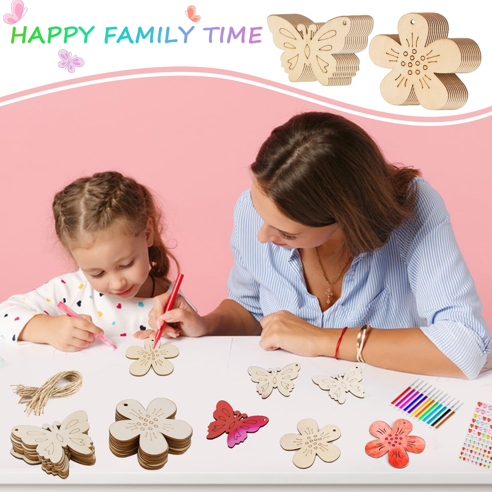 HENGBIRD Set di 56 ciondoli in legno per bambini, da dipingere, per bambini, fai da te, farfalle e fiori, per il compleanno dei bambini, fai da te, decorazione per la primavera, la