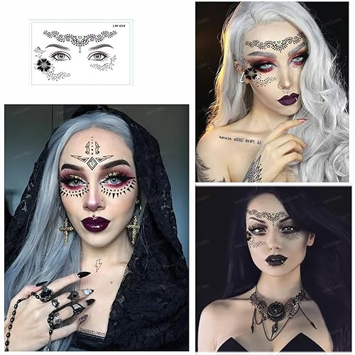 Miniatura 3 de Paquete de 9 calcomanías de maquillaje facial de ojos, impermeables, de encaje negro, tatuaje temporal para mujeres y niñas, Halloween, Navidad,