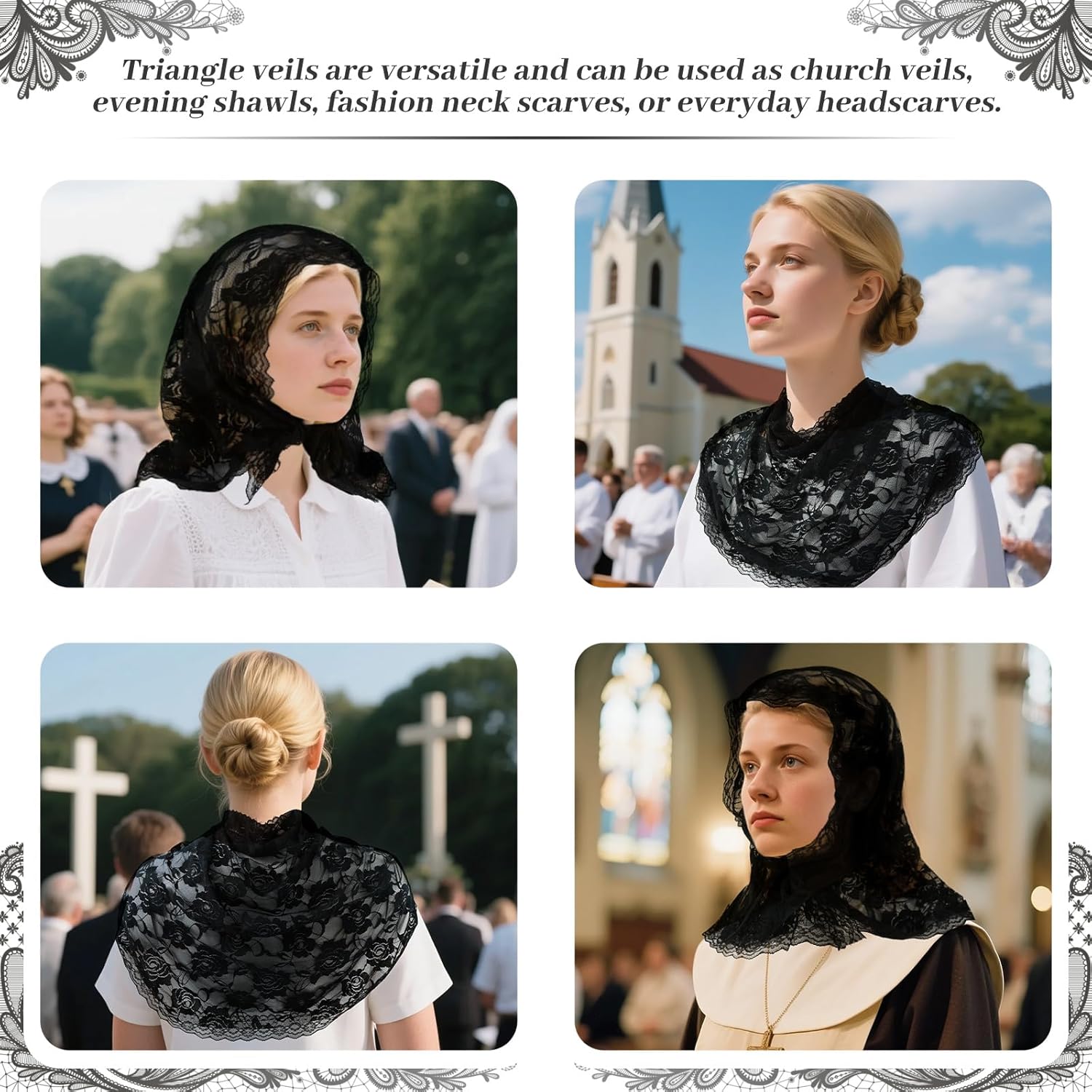 DOCILA D-Shaped Lace Veil Print Cathedral Church Veils Mass Mantilla Christian Prayer Head Covering Scarf - Image 5