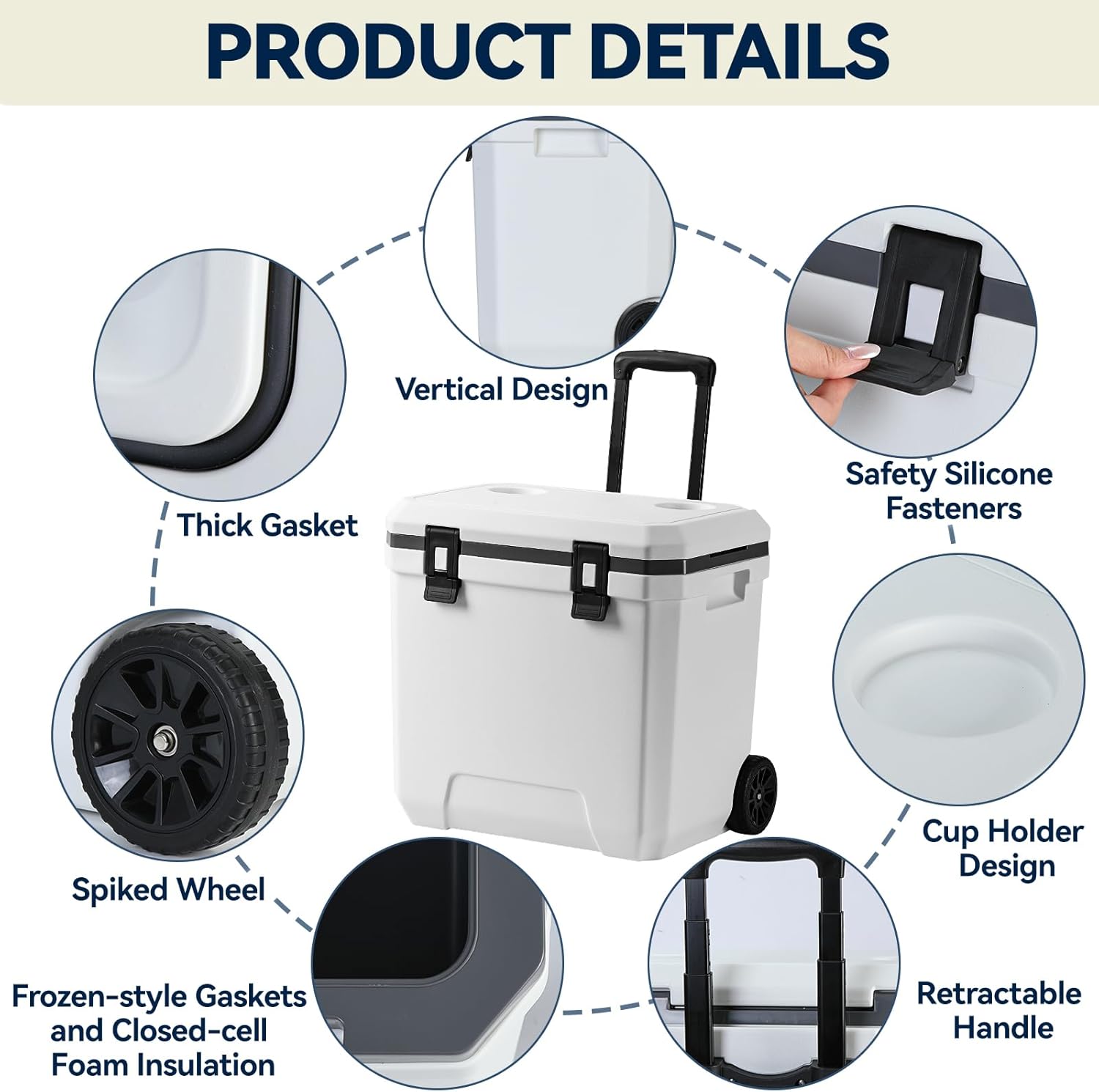 MandKreator 38QT Portable Wheeled Cooler with Retractable Handle, Ultra-Light Ice Chest with Cup Holders, Drink Cooler with Long Ice Retention for Camping, Beach, Party, Picnic, Tailgate