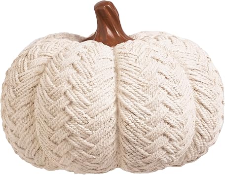 White Fall Pumpkin, Resin Large Farmhouse Braided Pumpkin Autumn | White Pumpkin for Decorating, Fall Table Centerpieces Decor, 6.7inch L